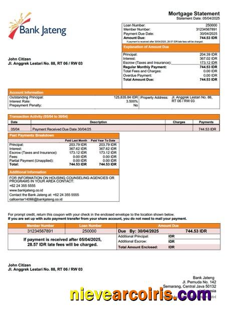 Indonesia Bank Jateng mortgage statement Word and PDF template